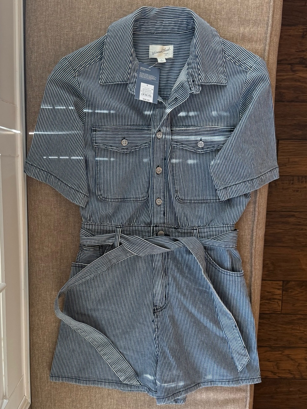 NWT Universal Thread White/Blue Pinstriped Short Sleeve Denim Romper Women 6